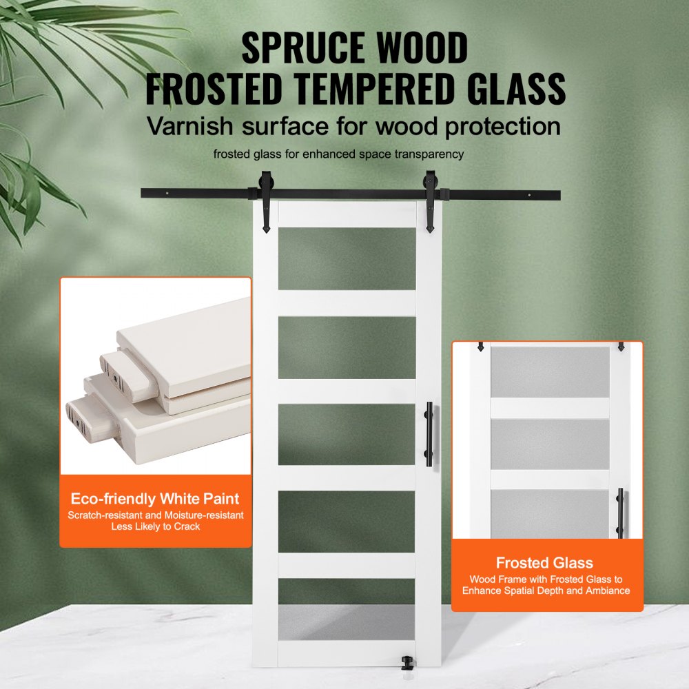 VEVOR Kit Ferramenta per Porta della Stalla 812,8 x 2133,6 mm Set Porta della Stalla Silenziosa, Cancello Scorrevole in Legno e Vetro, Guida a Pavimento 8 in 1, Maniglia della Porta, Vetro Smerigliato
