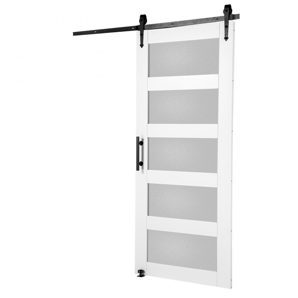 VEVOR Barn Door and Hardware Set Sliding Door System, 914.4 x 2133.6 mm Wood and Glass Sliding Door, Quiet, Barn Door Set with 8-in-1 Floor Guide and Door Handle, Spruce Wood Panel and Frosted Glass, Living Room