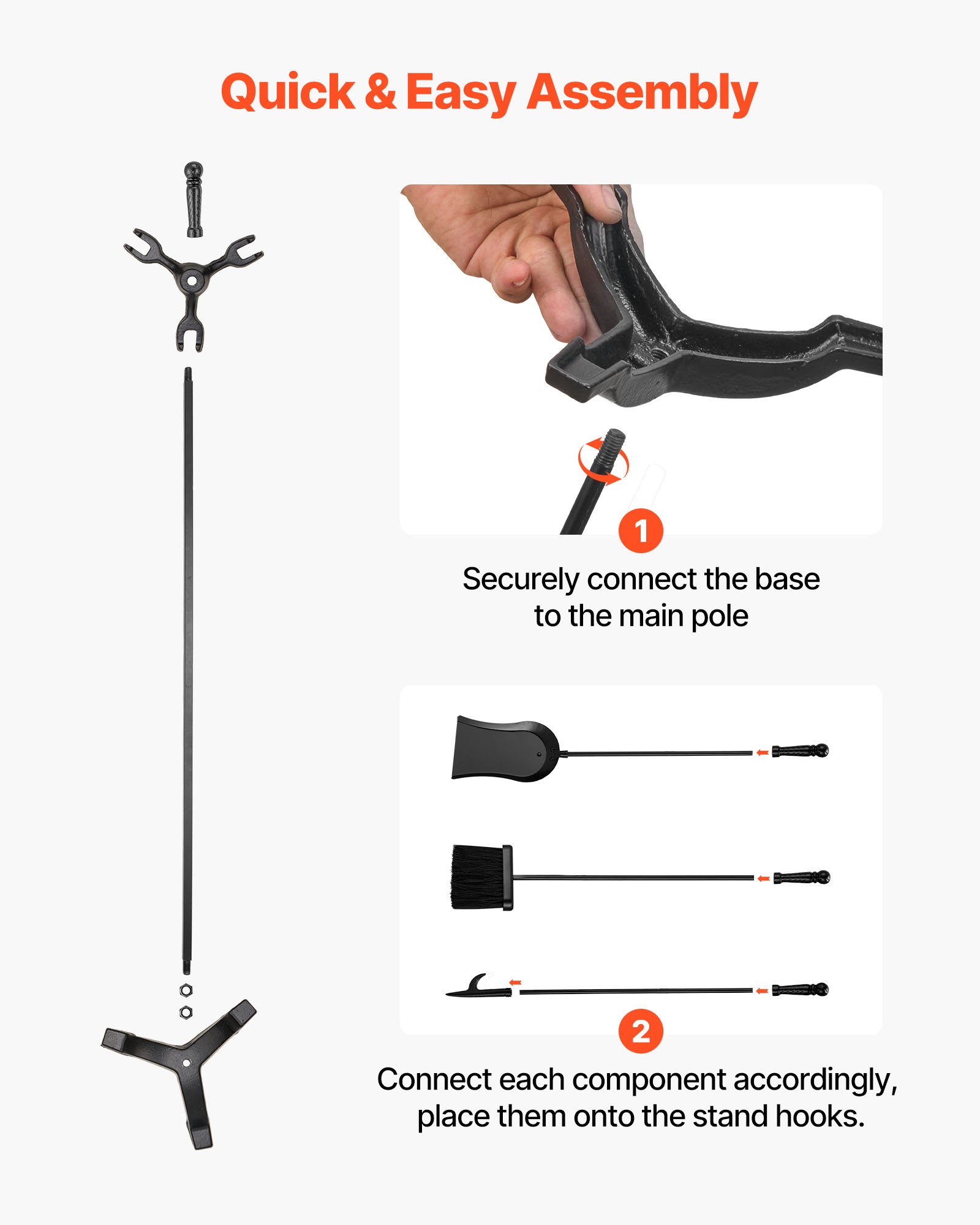 VEVOR Set di Attrezzi per Camino, 4 Pezzi, con Supporto a Tre Punte, Paletta per Cenere, Spazzola, Attizzatoio per Camino, Accessori per Camino in Ferro Battuto per Falò da Interno Esterno, Nero