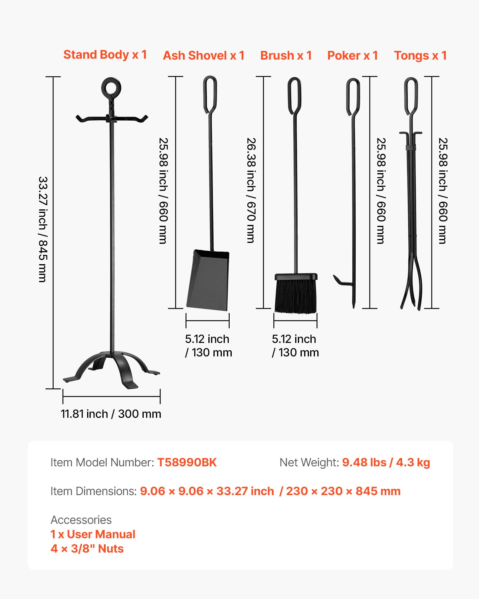 VEVOR Fireplace Tool Set, 5 PCS Fire Tool Set and Holder with Four-Prong Stand, Tongs, Ash Shovel, Brush, Fire Place Poker, Wrought Iron Fireplace Accessories for Campfire Indoor/Outdoor, Black