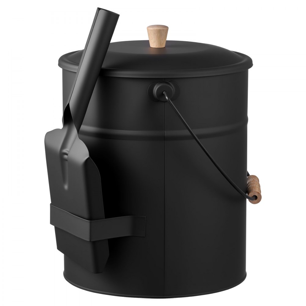 VEVOR Secchio per Cenere per Camino, 4 Pezzi con Coperchio, Pala, Scopa e Guanti, Secchio per Carbone e Contenitore per Cenere in Metallo per Caminetti, Capacità 15 L per Caminetti, Bracieri
