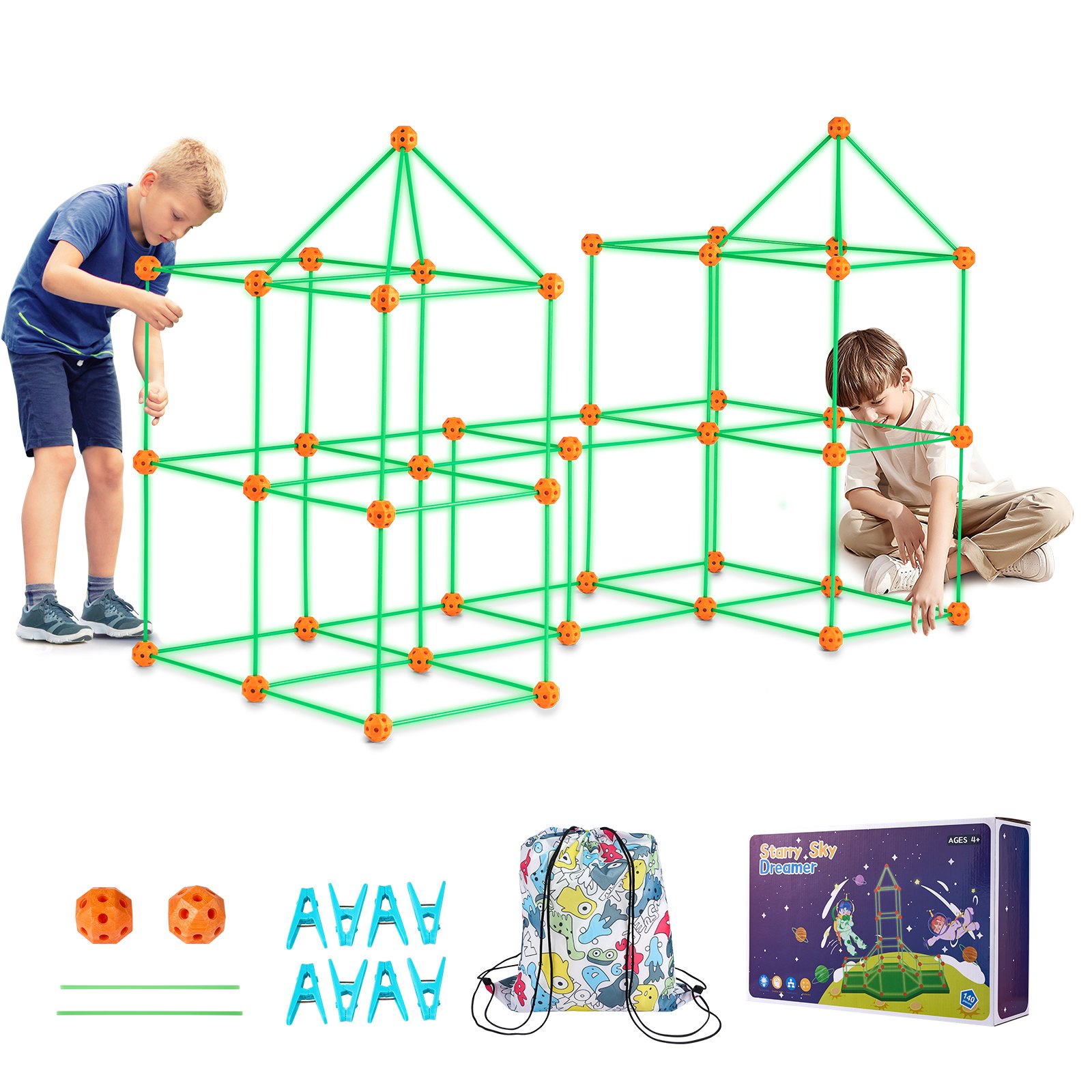 VEVOR Kit di Costruzione per Forte per Bambini 140 Pezzi, Tenda da Gioco per Interni Esterni Giocattoli da Costruzione, per Bambini dai 4 Anni in Su,  per Interni Esterni con 96 Aste, 44 Palline