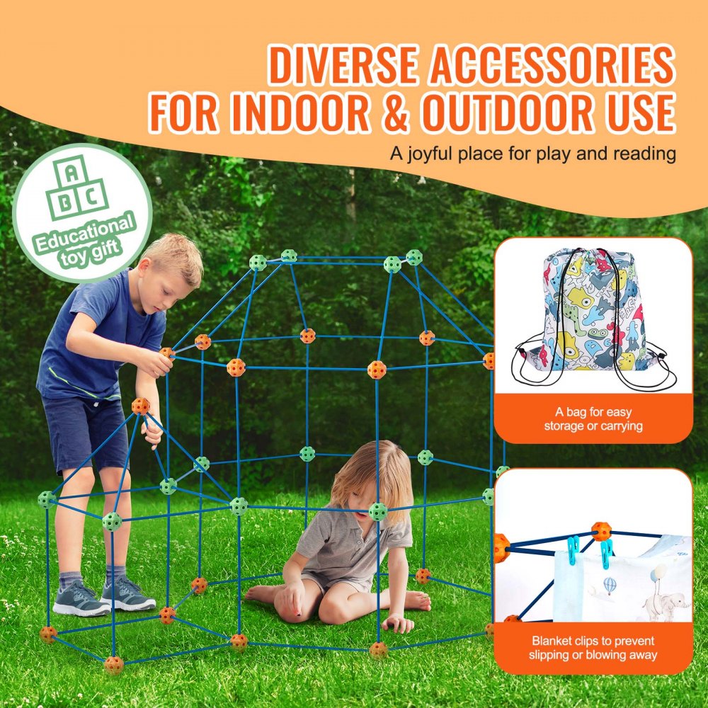 VEVOR Fortress Construction Kit for Children, 180-Piece STEM Building Toy, Educational Gift for 4, 5, 6, 7, 8+ Year Old Boys and Girls, Indoor and Outdoor Play Tent Construction Set, Construction Toy with 120 Sticks and 60 Balls