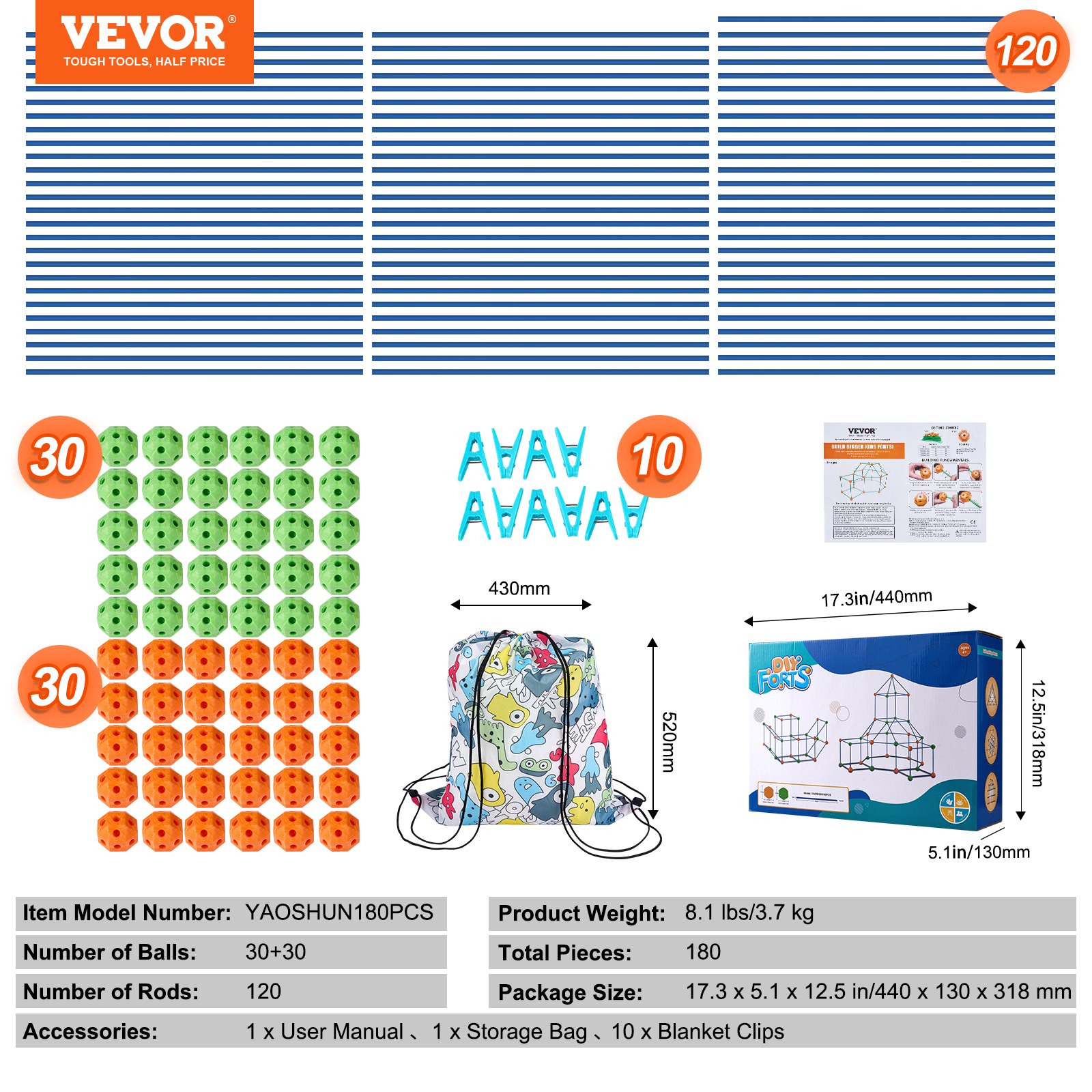 VEVOR Kit di Costruzione per Forte per Bambini 180 Pezzi, Set di Costruzioni per Tende da Gioco, Regalo educativo per Ragazzi Ragazze di 4 5 6 7 8+ Anni,  per Interni Esterni con 120 Aste, 60 Palline