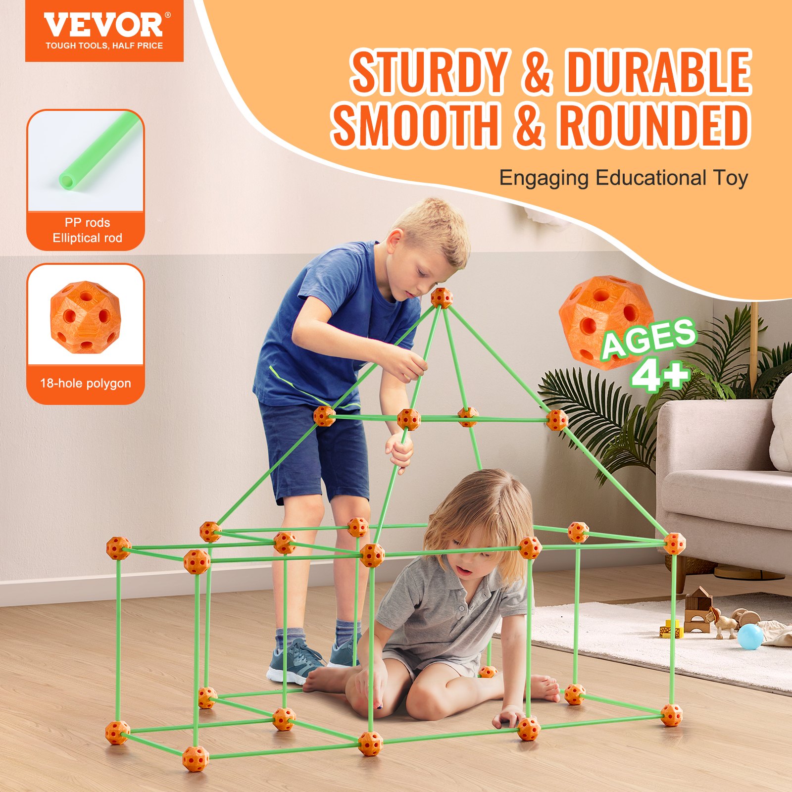 VEVOR Fortress Construction Kit for Children, 85-Piece Glow-in-the-Dark STEM Building Toy, Educational Gift for 4-, 5-, 6- and 7-8 Year Old Boys and Girls, Indoor and Outdoor Play Tent Construction Toy with 55 Poles and 30 Balls