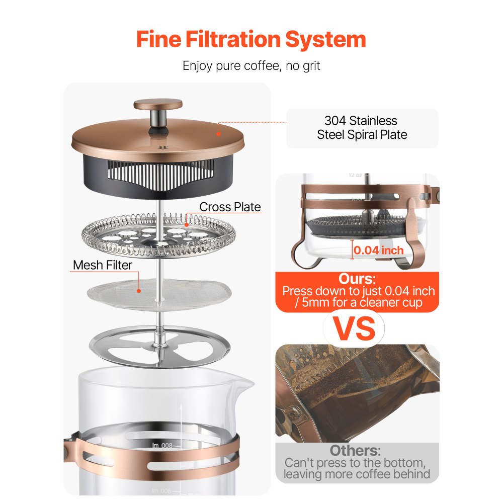 VEVOR Caffettiera a Pistone Francese, Caffettiera Francese French Press da 1 Litro in Vetro Borosilicato con Filtro in Acciaio Inox, per Caffè o Tè, Viaggio, Cucina, Ristorante, Colore di Rame