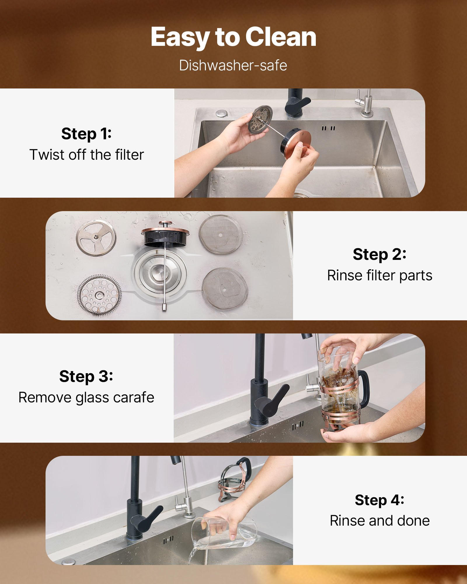 VEVOR Caffettiera a Pistone Francese, Caffettiera Francese French Press da 1 Litro in Vetro Borosilicato con Filtro in Acciaio Inox, per Caffè o Tè, Viaggio, Cucina, Ristorante, Colore di Rame