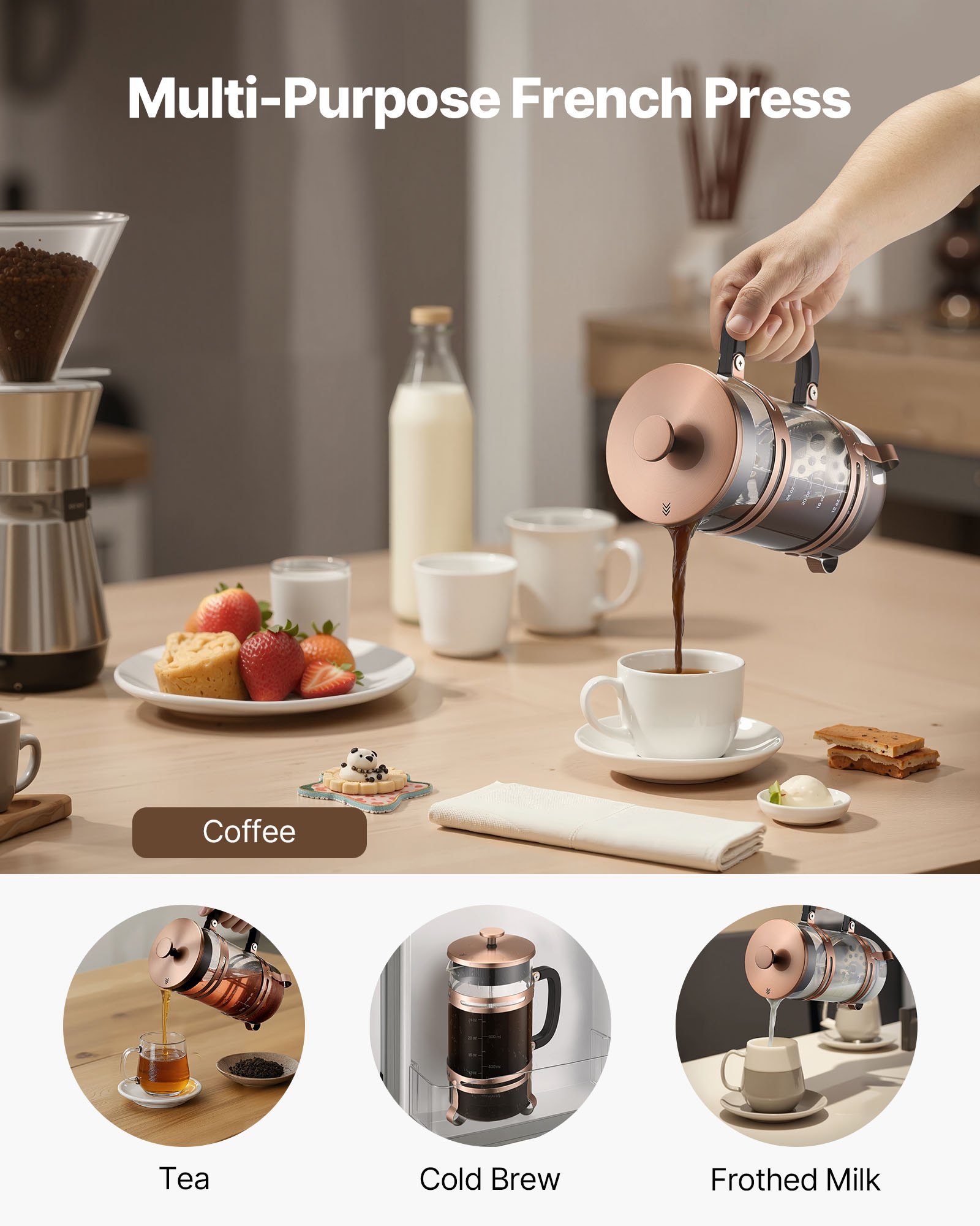 VEVOR Caffettiera a Pistone Francese, Caffettiera Francese French Press da 1 Litro in Vetro Borosilicato con Filtro in Acciaio Inox, per Caffè o Tè, Viaggio, Cucina, Ristorante, Colore di Rame