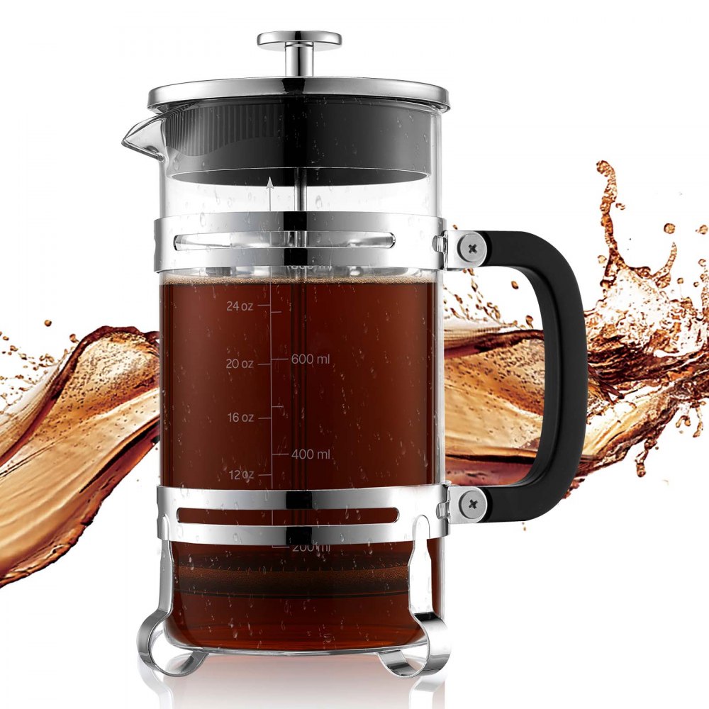 VEVOR Caffettiera a Pistone Francese, Caffettiera Francese French Press da 1 Litro in Vetro Borosilicato con Filtro in Acciaio Inox, per Caffè o Tè, Viaggio, Cucina, Ristorante, Colore Argento