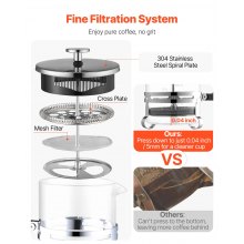 VEVOR Caffettiera a Pistone Francese, Caffettiera Francese French Press da 1 Litro in Vetro Borosilicato con Filtro in Acciaio Inox, per Caffè o Tè, Viaggio, Cucina, Ristorante, Colore Argento