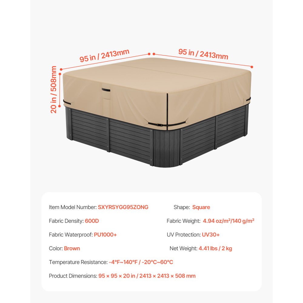 VEVOR Whirlpool Cover (2413 x 2413 x 508 mm) Weatherproof & Waterproof, Spa Cover Dustproof Cover Made of Oxford Fabric & with 950 N Tear Strength, Dustproof for Bathtubs Brown