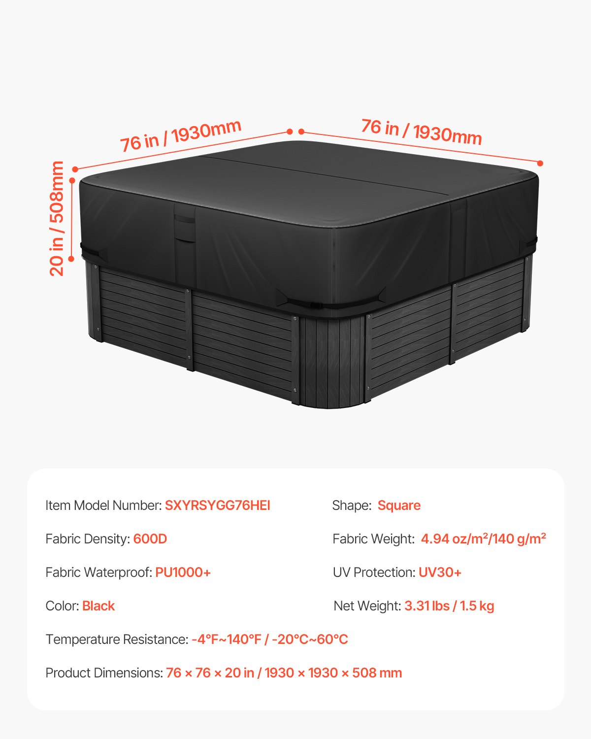 VEVOR Copertura per Vasca Idromassaggio da Esterno 1930x1930x508 mm, Protezione Impermeabile, Copertura per Vasca da Bagno da Esterno Tessuto Oxford 600D Resistenza allo Strappo 950 N, Nero