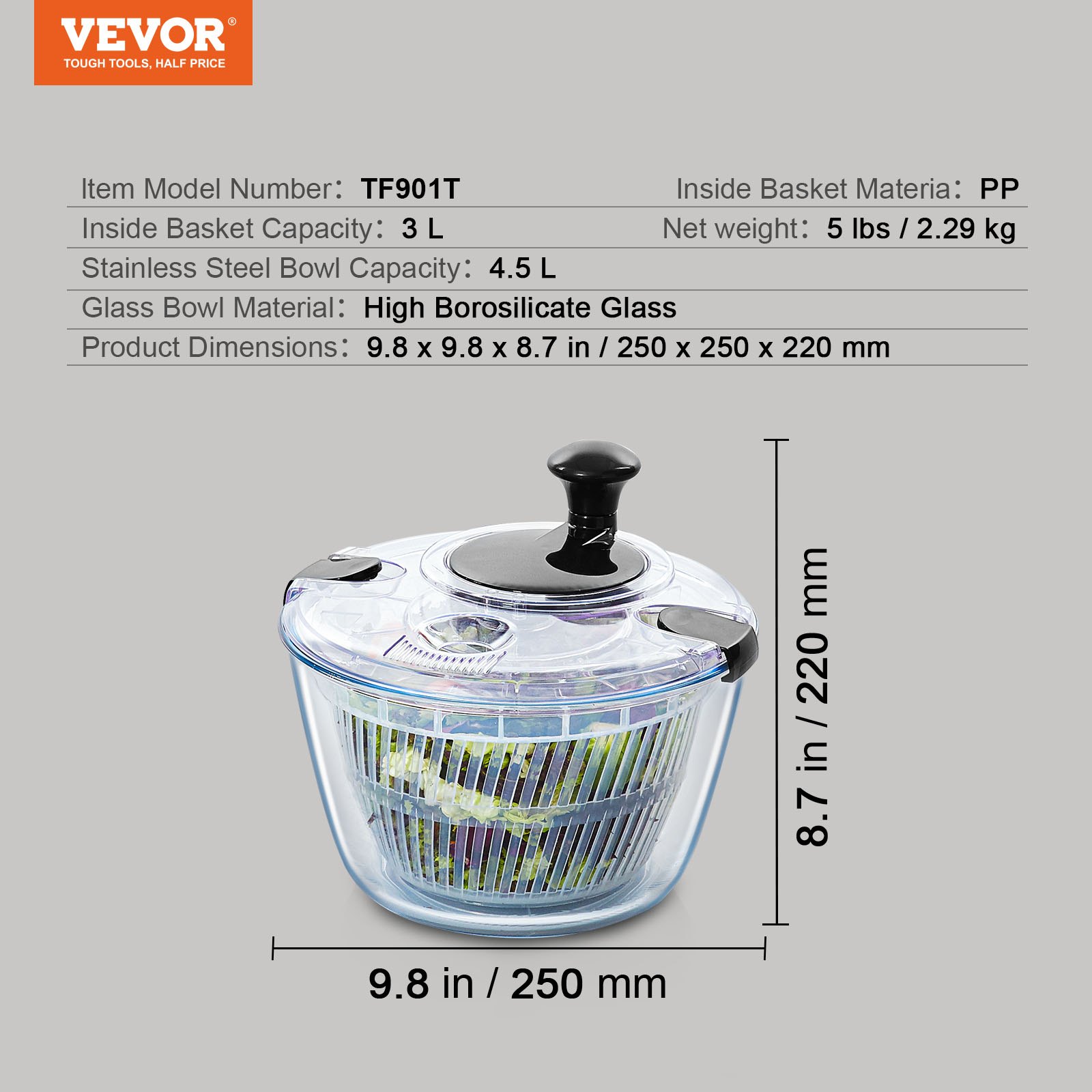 VEVOR Centrifuga per Pulizia Insalata in Vetro 4,5L, Lavatrice per Verdura Frutte, Asciugatrice Manuale con Coperchio in Vetro per Verdure, Erbe, Bacche, Frutta, Senza BPA, Ciotola per Pulizia Verdure