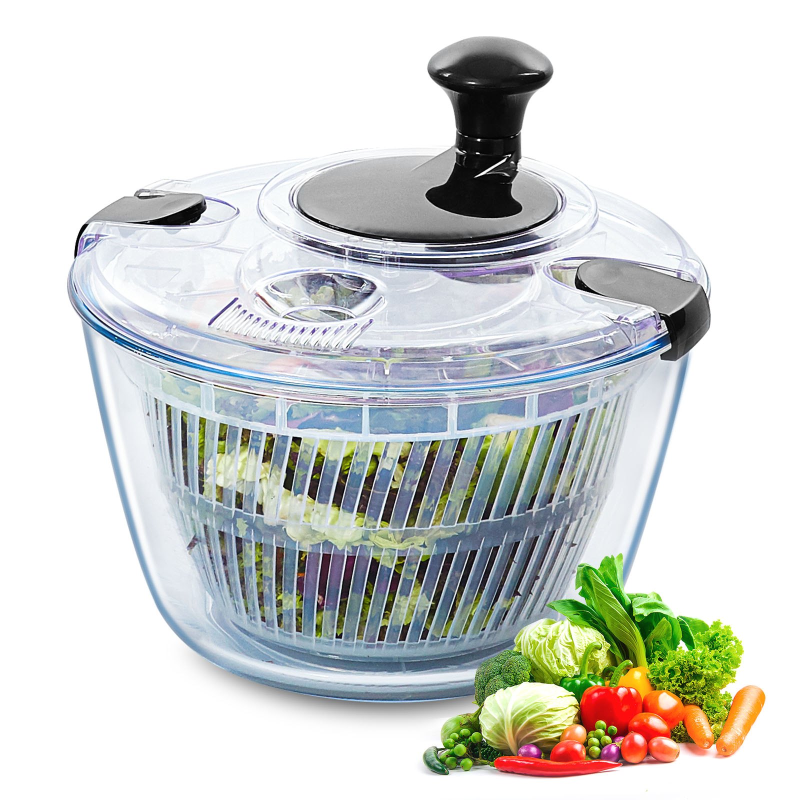 VEVOR Centrifuga per Pulizia Insalata in Vetro 4,5L, Lavatrice per Verdura Frutte, Asciugatrice Manuale con Coperchio in Vetro per Verdure, Erbe, Bacche, Frutta, Senza BPA, Ciotola per Pulizia Verdure