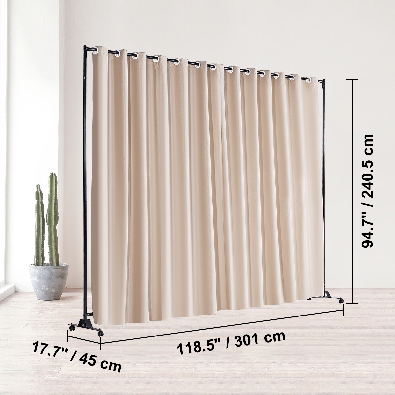 VEVOR Paravento Divisorio a Pannello per Ambiente Interno Rimovibile 4 Ruote 301x30x240,5 cm Tenda in Tessuto in Poliestere, Paravento Divisorio Colore Khaki per Soggiorno Ufficio Giardino Ospedale