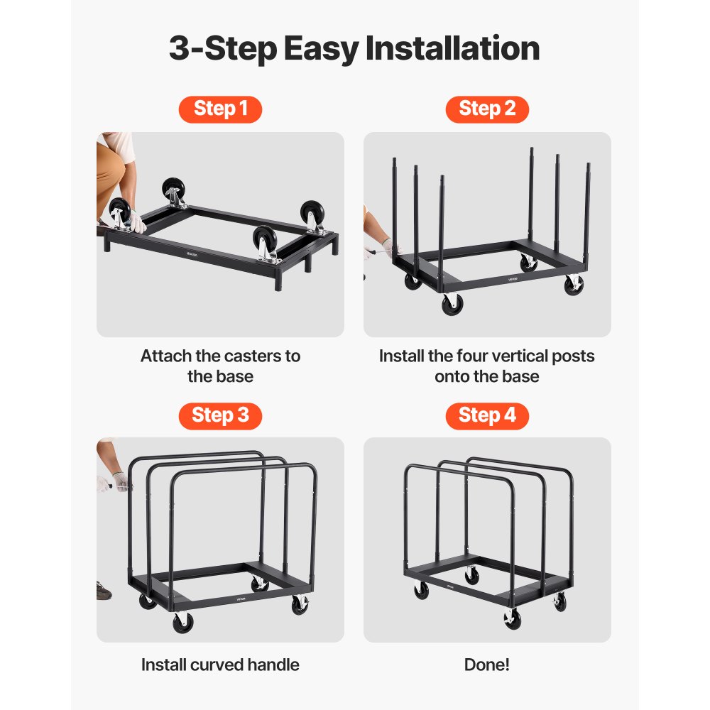 VEVOR Drywall Cart Dolly, 816 kg Load Capacity, Steel Panel Truck Cart with 12.5 mm Swivel Casters, Lumber Drywall Dolly with with Tie-Down Strap & 3 Side Handrails for Factory, Warehouse, Garage, Black