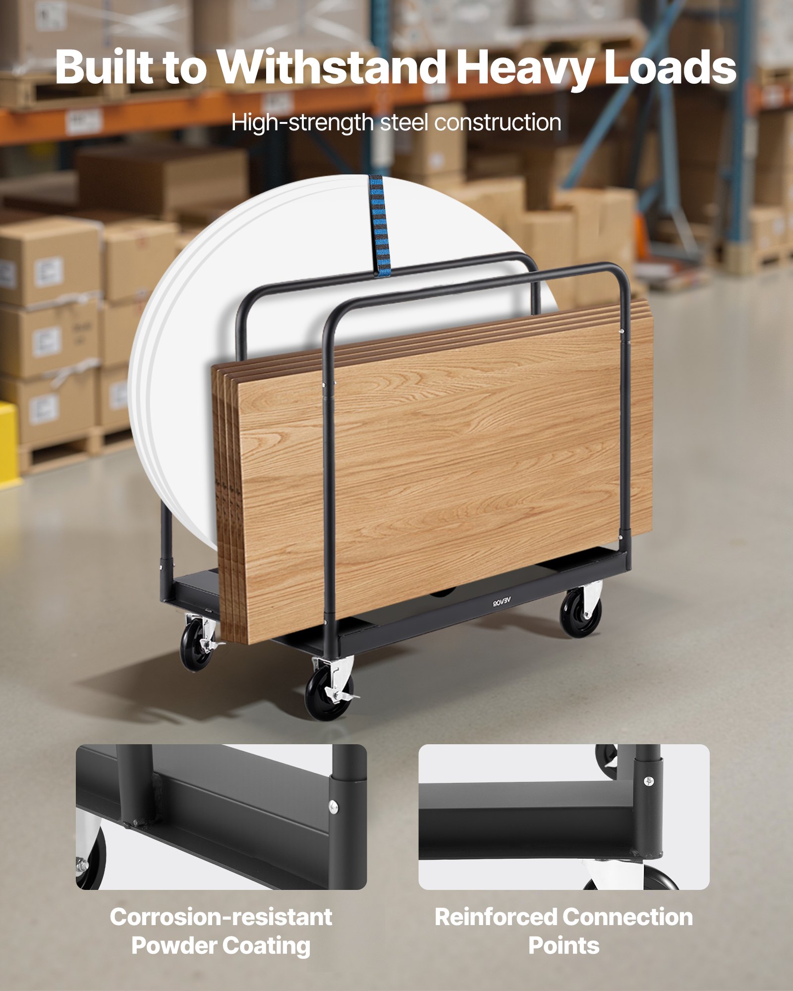 VEVOR Drywall Cart Dolly, 816 kg Load Capacity, Steel Panel Truck Cart with 12.5 mm Swivel Casters, Lumber Drywall Dolly with with Tie-Down Strap & 3 Side Handrails for Factory, Warehouse, Garage, Black