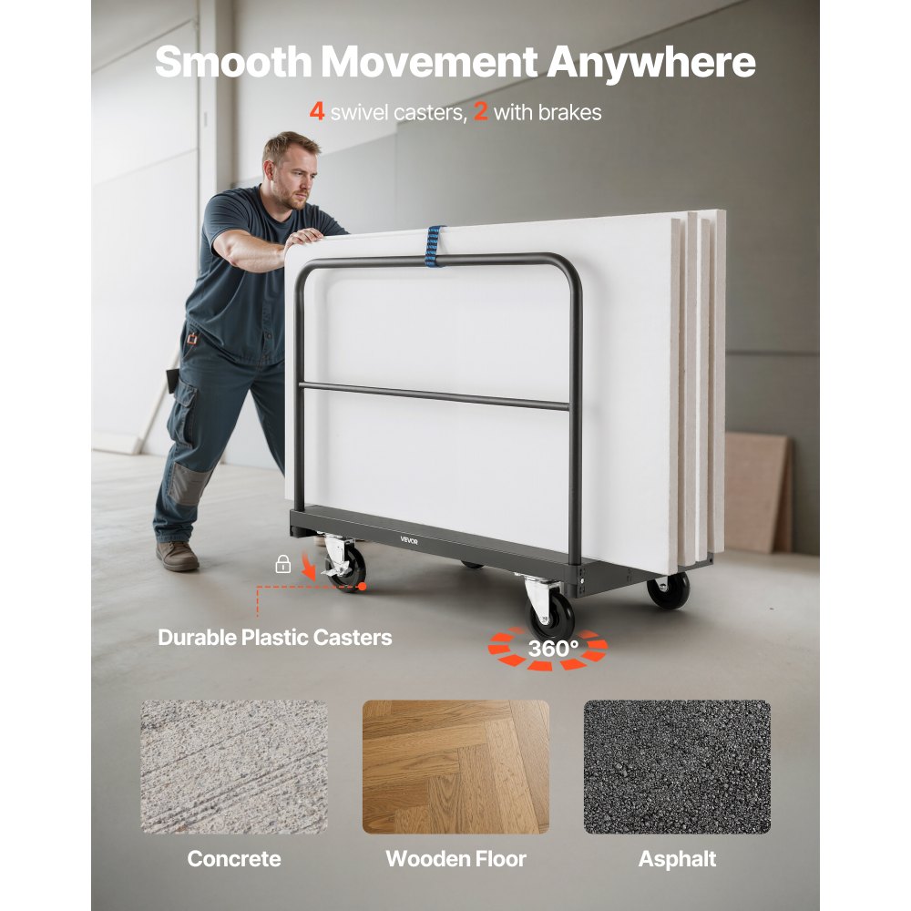 VEVOR Drywall Cart Dolly, 816 kg Load Capacity, 2-in-1 Steel Panel Truck Cart with 12.5 mm Swivel Casters, 91.4 x 61 cm Platform Truck with 3 Side Handrails for Factory, Warehouse, Garage, Black