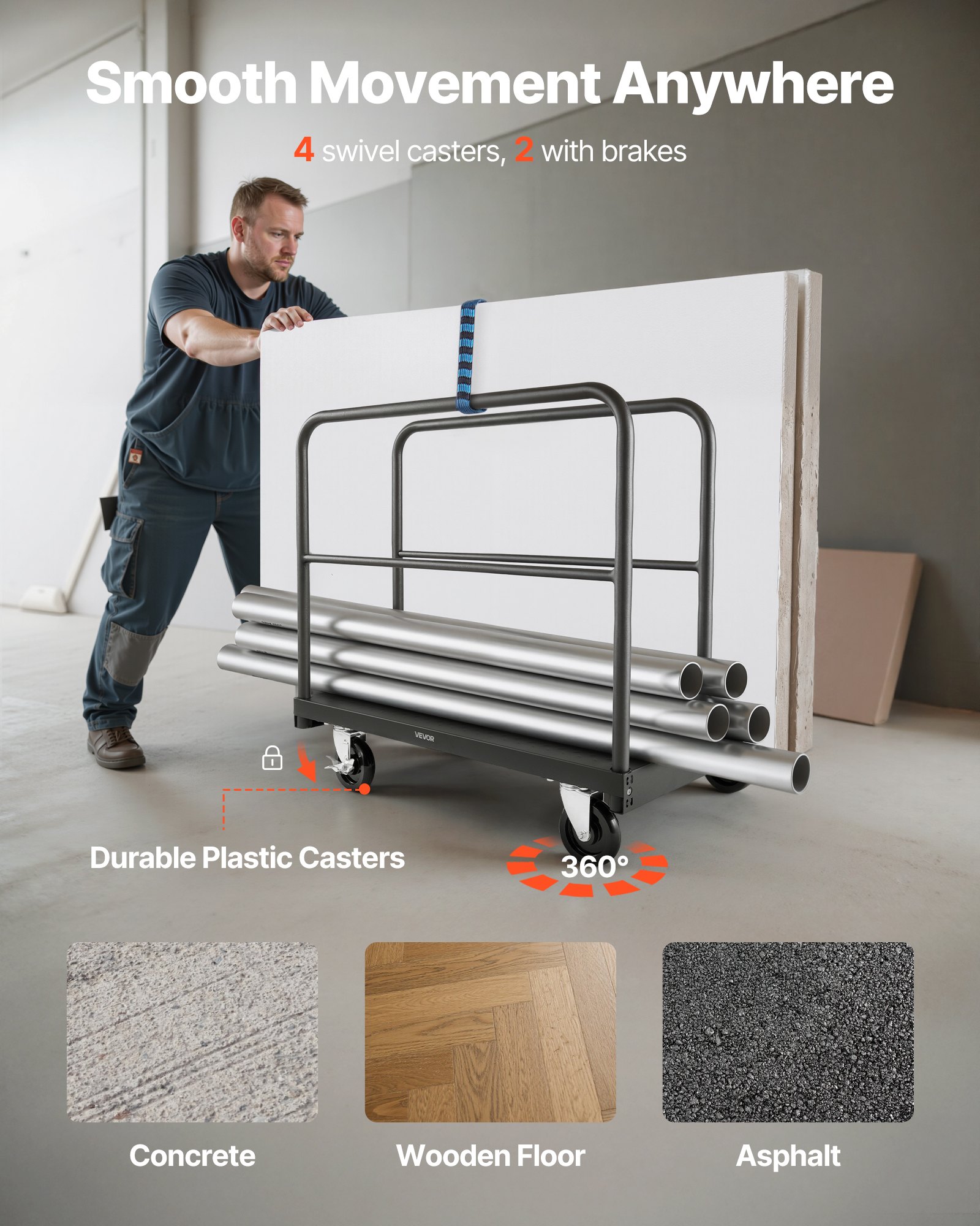 VEVOR Carrello per Cartongesso, Carico 816 kg, Carrello per Pannelli in Acciaio con Ruote Girevoli da 12,5 mm, con Piattaforma da 91,4 x 61 cm e 4 Corrimano Laterali per Fabbrica, Garage, Nero