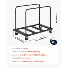 VEVOR Carrello per Cartongesso, Carico 816 kg, Carrello per Pannelli in Acciaio con Ruote Girevoli da 12,5 mm, con cinghia di ancoraggio e 2 Corrimano Laterali per Fabbrica, Garage, Nero