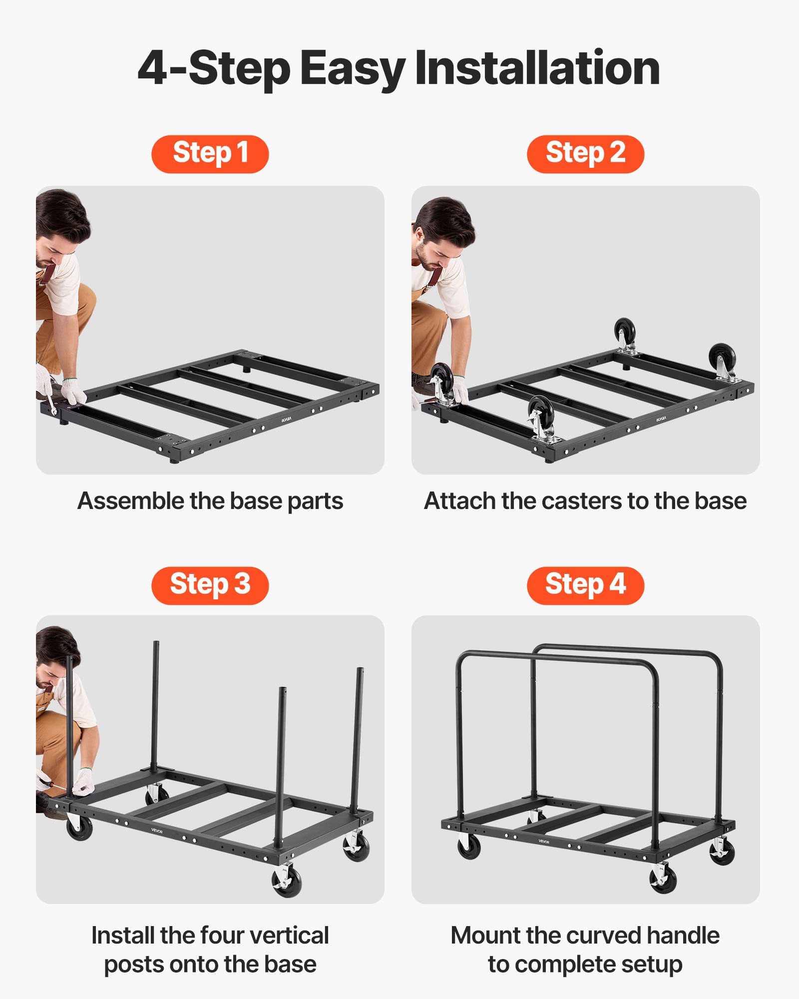 VEVOR Carrello per Cartongesso, Carico 816 kg, Carrello per Pannelli in Acciaio con Ruote Girevoli da 12,5 mm, con cinghia di ancoraggio e 2 Corrimano Laterali per Fabbrica, Garage, Nero