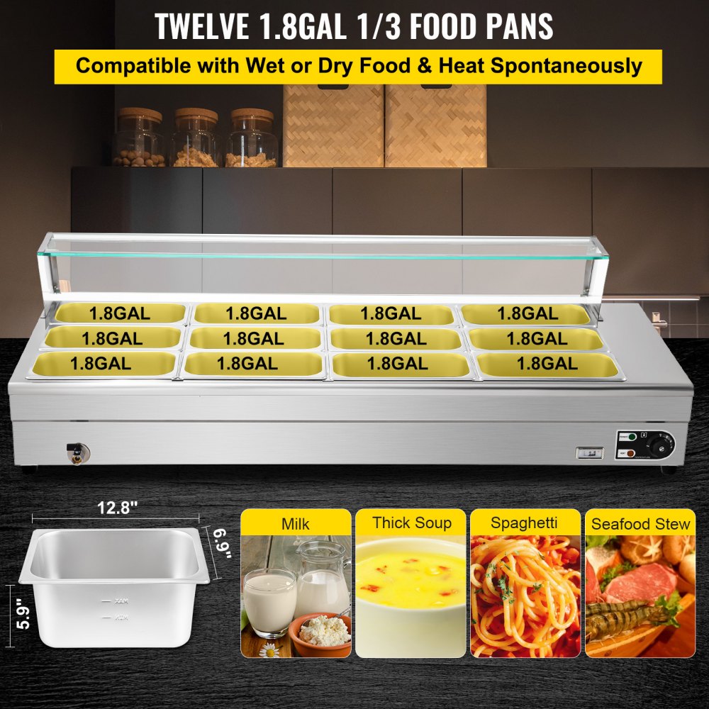 Scaldavivande Per Buffet Elettrica 12 Pentole In Acciaio Con Copertina Di Vetro