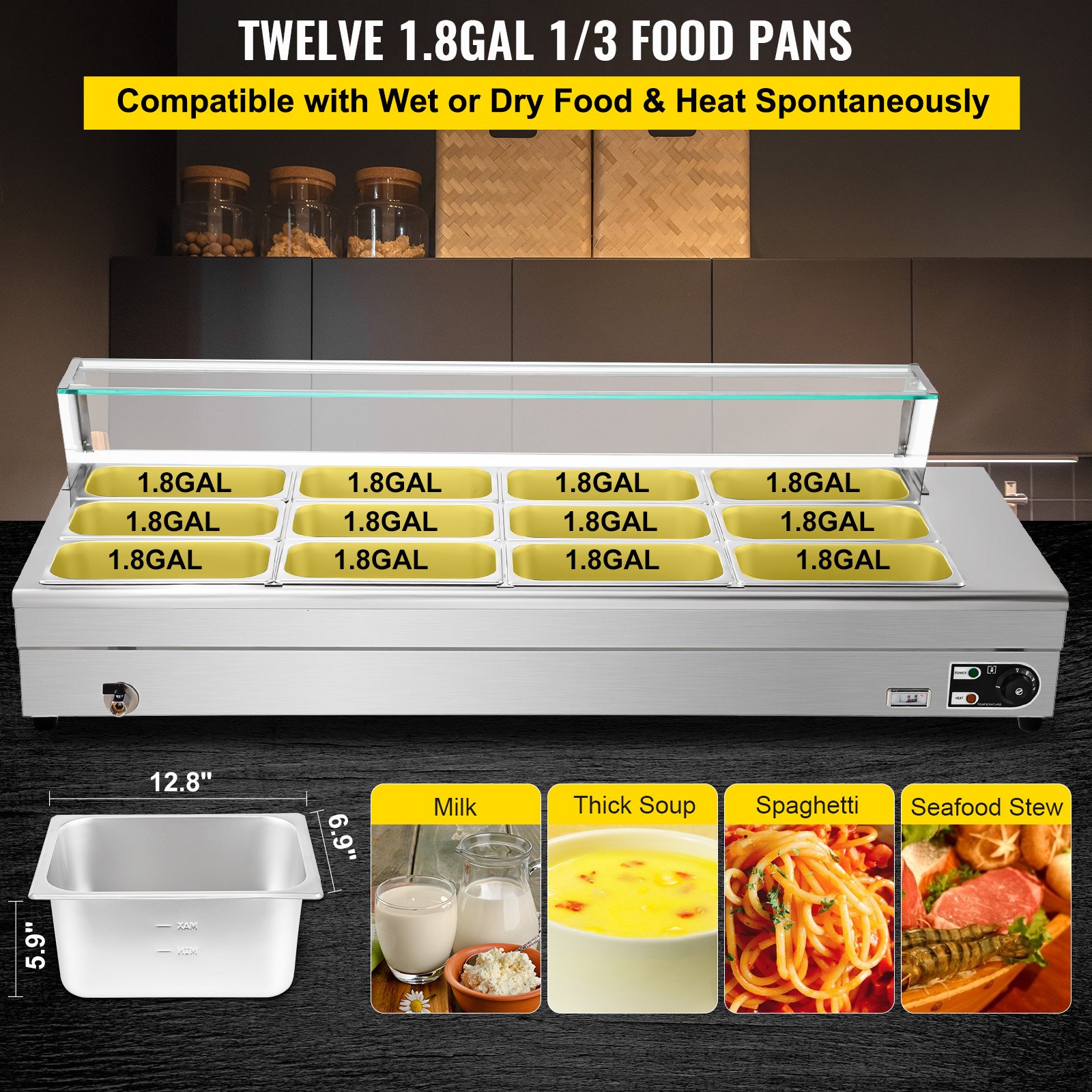 Scaldavivande Per Buffet Elettrica 12 Pentole In Acciaio Con Copertina Di Vetro