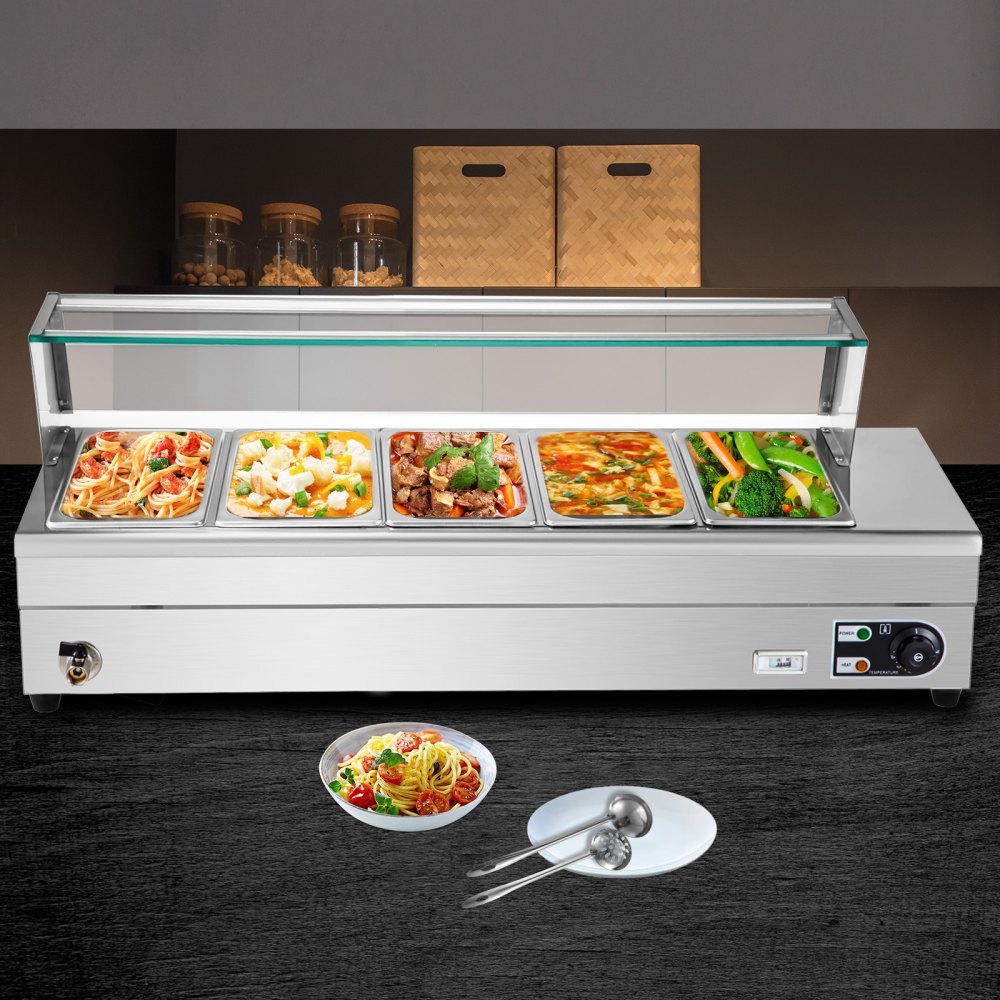 Scaldavivande Elettrico Per Buffet 5 Vassoi In Acciaio Con Copertina Di Vetro