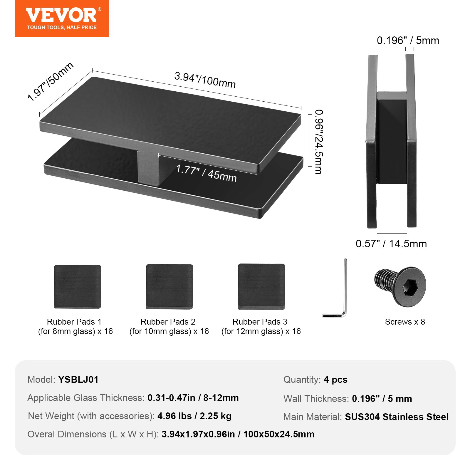 VEVOR Glass Clamp, 4-Piece Rectangular Glass Railing Bracket for 0.31"-0.47" Tempered Glass, 304 Stainless Steel Glass Mounting Clamp, 0.2" Thick Glass Shelf Bracket for Balcony, Garden, Pool, Stairs