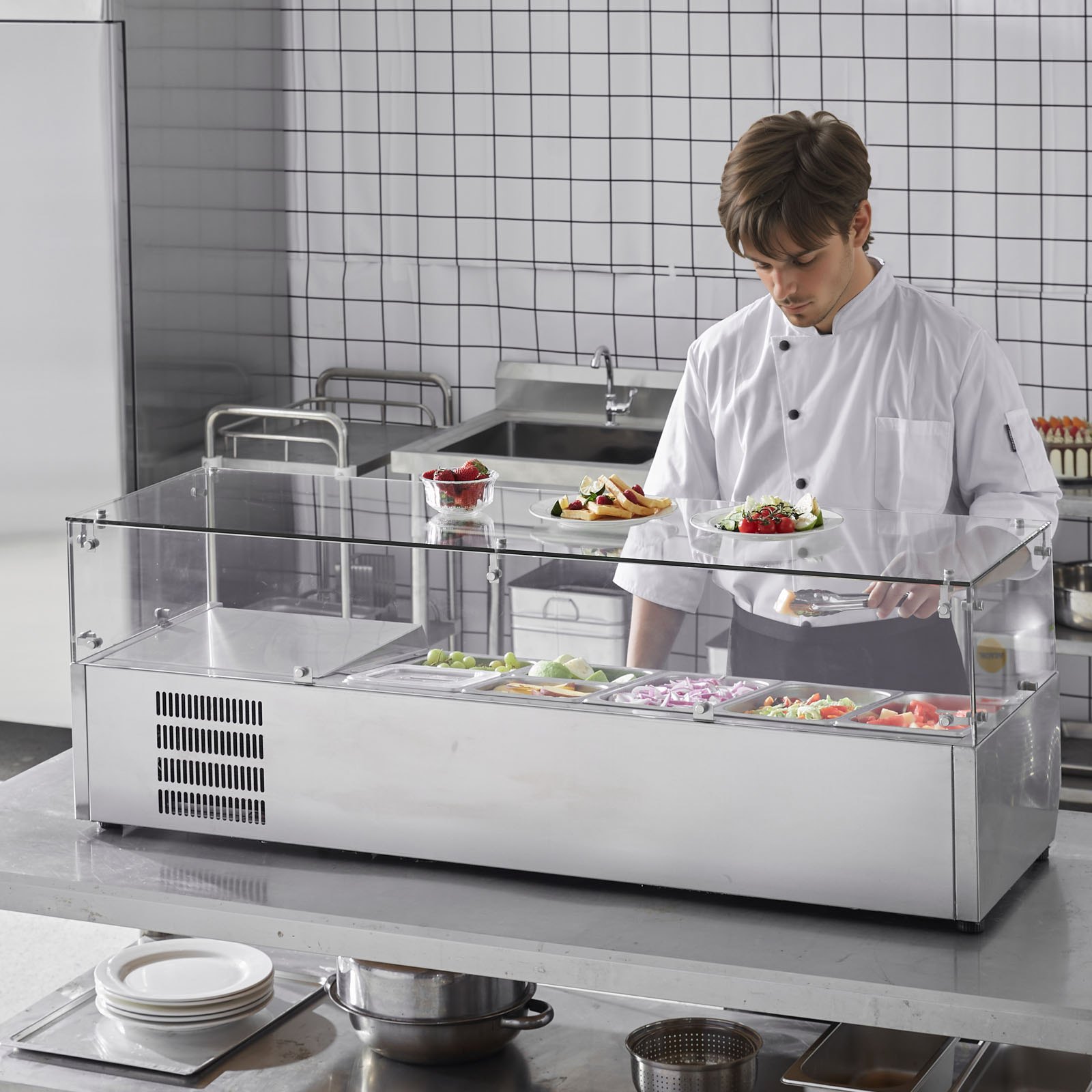 VEVOR Refrigerated Spice Station for the Countertop, Preparation Station with 3 x 1/3 Pans & 4 x 1/6 Pans, Body made of 304 Stainless Steel and Lid made of PC, Sandwich Preparation Table with Glass Protector