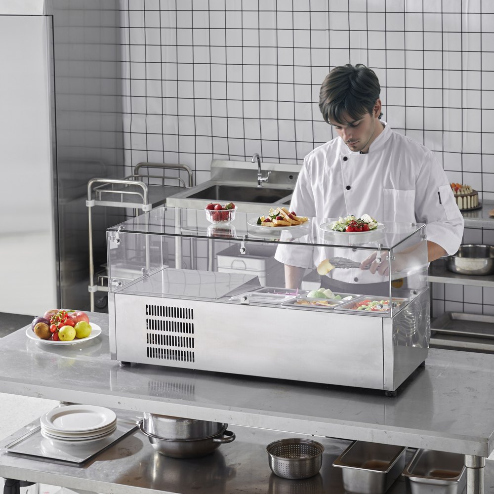 VEVOR 140 W Refrigerated Spice Station for the Worktop, with 1 x 1/3 Pan & 4 x 1/6 Pans, 304 Stainless Steel Body & Polycarbonate Lid, Sandwich Preparation Table with Glass Protection
