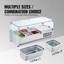 VEVOR Stazione di Preparazione Refrigerata per Condimenti da Banco 140 W Stazione di Preparazione per Frigorifero con 1 Vaschetta 1/3, 4 Vaschette 1/6, Corpo in Acciaio Inossidabile 304, Coperchio PC