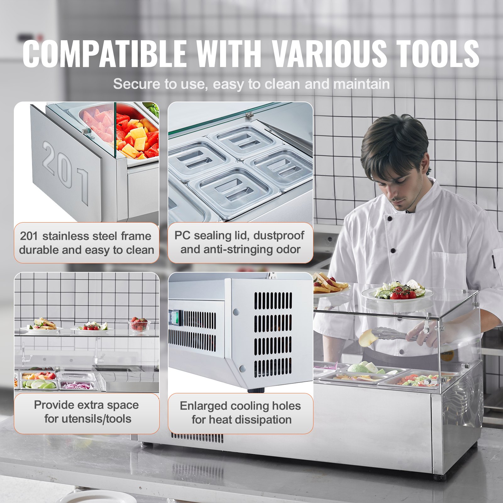VEVOR 140 W Refrigerated Spice Station for the Worktop, with 1 x 1/3 Pan & 4 x 1/6 Pans, 304 Stainless Steel Body & Polycarbonate Lid, Sandwich Preparation Table with Glass Protection