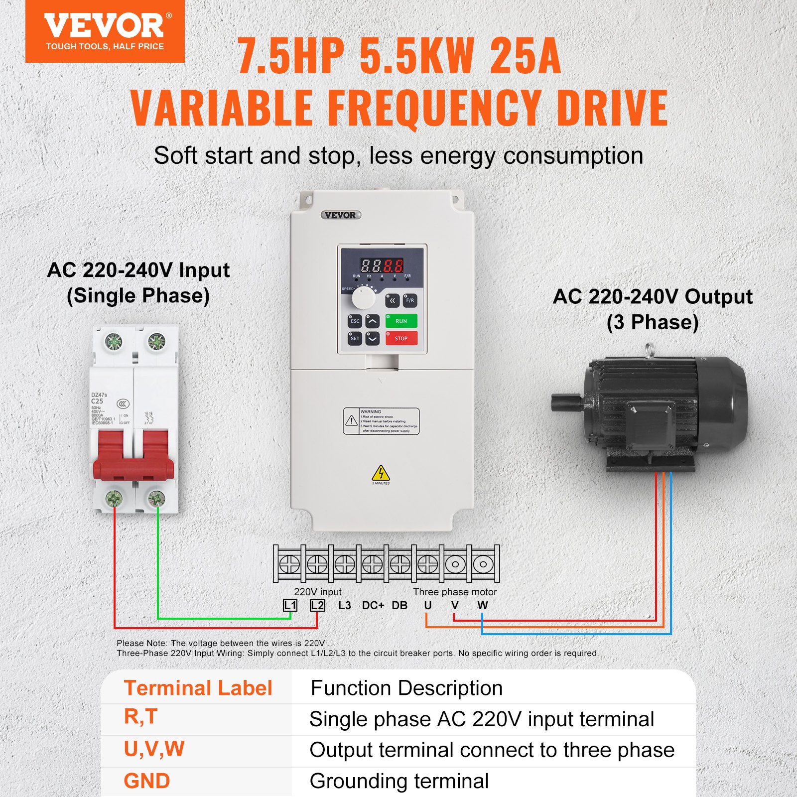 VEVOR Azionamento a Frequenza Variabile VFD 7,5HP 5,5KW 25A Ingresso Monofase/Trifase CA 0-220V Ingresso 50/60Hz, Frequenza Variabile Uscita 0-2000Hz VFD per Controllo Velocità Motore Mandrino