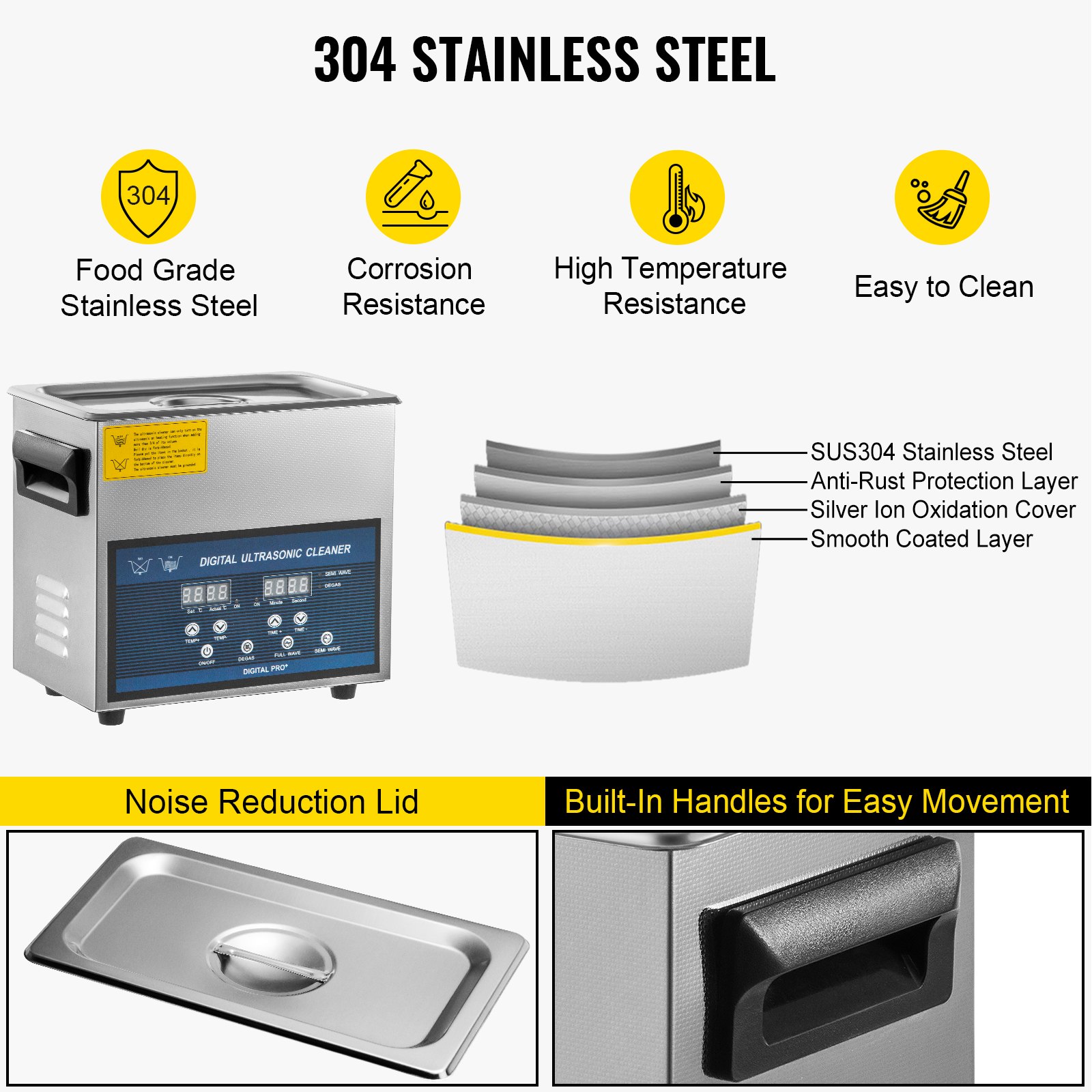 VEVOR Pulitore ad Ultrasuoni a Doppia Frequenza 6L con Riscaldatore per Parti di Gioielli 28 / 40KHz