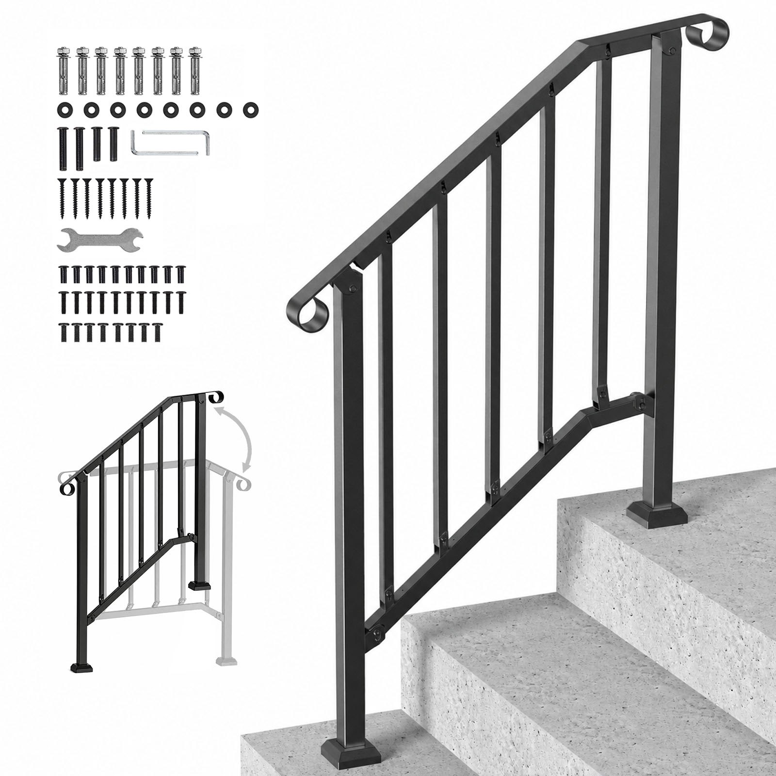 VEVOR Kit Corrimano per Gradini Esterni, Scale 2-3 Gradini, Ringhiere in Acciaio Carbonio, con Kit di Installazione, Corrimano per Anziani, Gradini in Cemento e Portico e Terrazza, Arco Retrò Nero