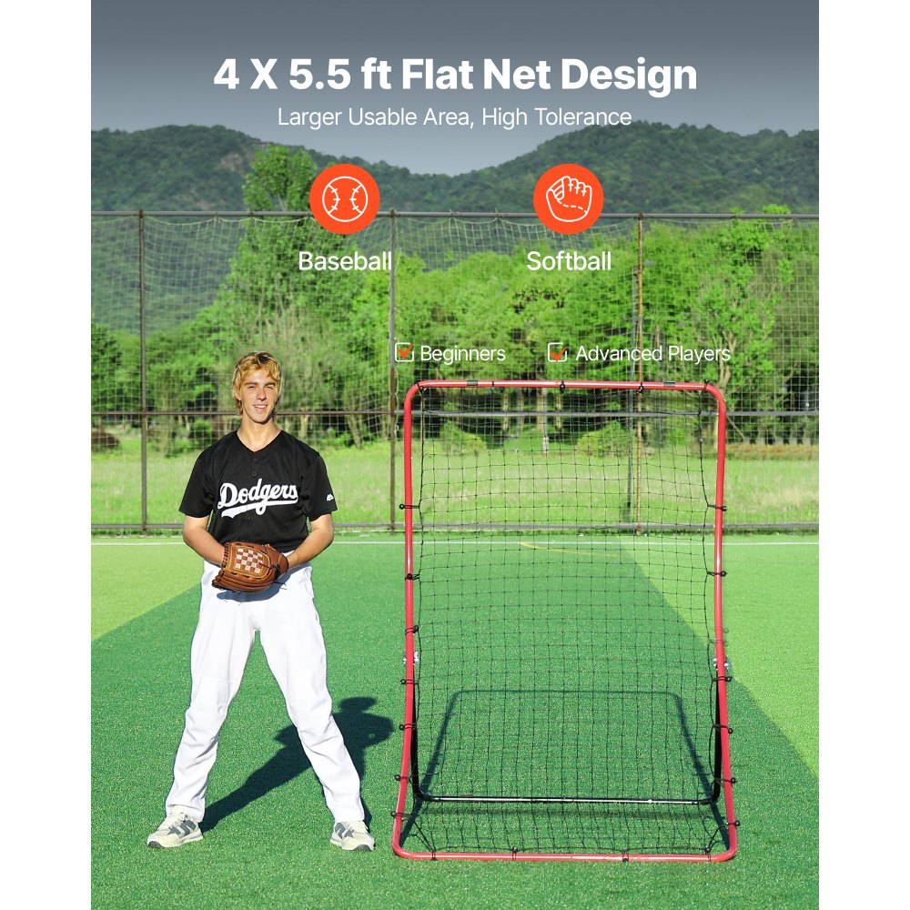 VEVOR Rete di Rimbalzo per Allenamento di Baseball Softball Lancio Difesa 5 Angoli Regolabili, Telaio in Acciaio, Rete Rimbalzante per Pratica di Ritorno, Abilità di Presa, Portatile, 4 Picchetti
