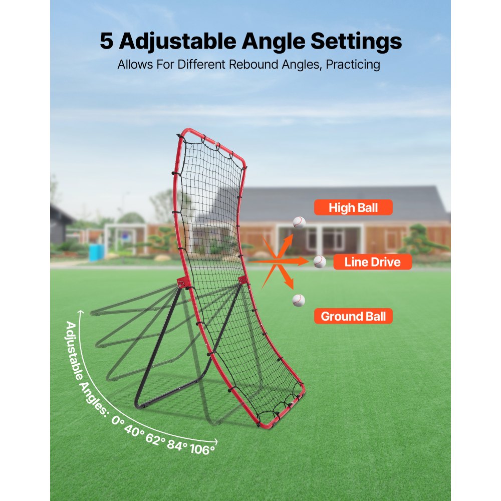 VEVOR Rete di Rimbalzo per Allenamento di Baseball Softball Lancio Difesa 5 Angoli Regolabili, Telaio in Acciaio, Rete Rimbalzante per Pratica di Ritorno, Abilità di Presa, Portatile, 4 Picchetti