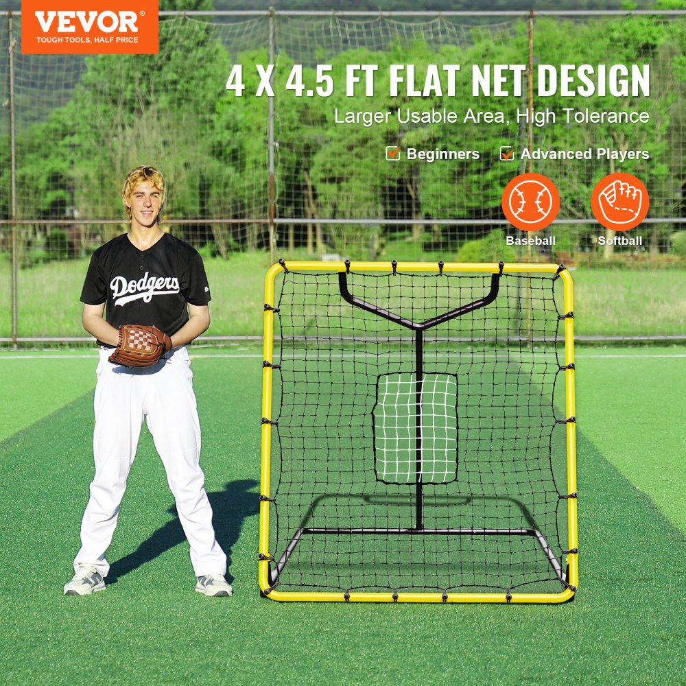 VEVOR Rete da Rimbalzo per Baseball Softball, Rete da Baseball PitchBack 1219,2x1371,6mm per Allenamenti Lancio Fielding, Rete Rimbalzo per Allenatore, Rete da Battute Angolo Regolabile Allenamento