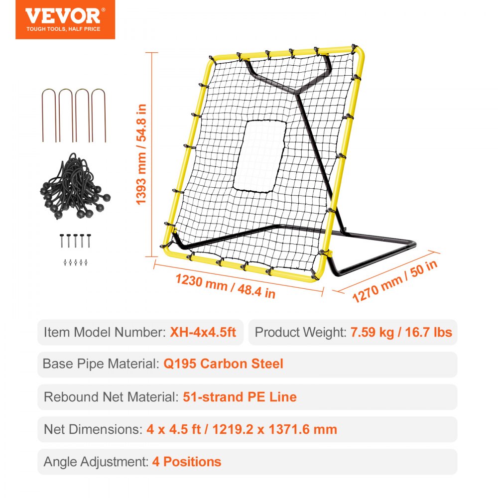 VEVOR Rete da Rimbalzo per Baseball Softball, Rete da Baseball PitchBack 1219,2x1371,6mm per Allenamenti Lancio Fielding, Rete Rimbalzo per Allenatore, Rete da Battute Angolo Regolabile Allenamento