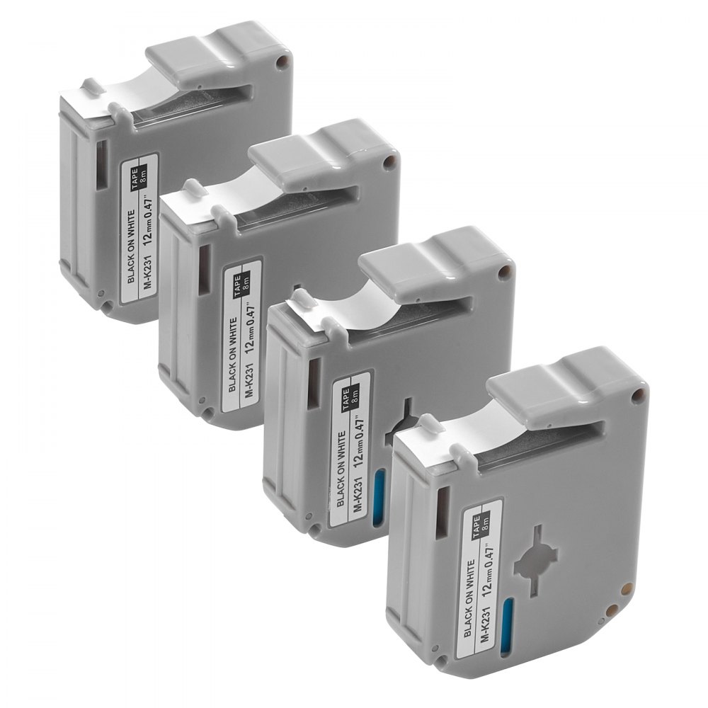 VEVOR Nastro per Etichette, 4 Pezzi, Ricariche per Etichettatrice Nero su Bianco 12 mm, per Vari Tipi di Etichettatrici Brother, Resistente e di Lunga Durata, Sostituzione per Letra Tag M-K231