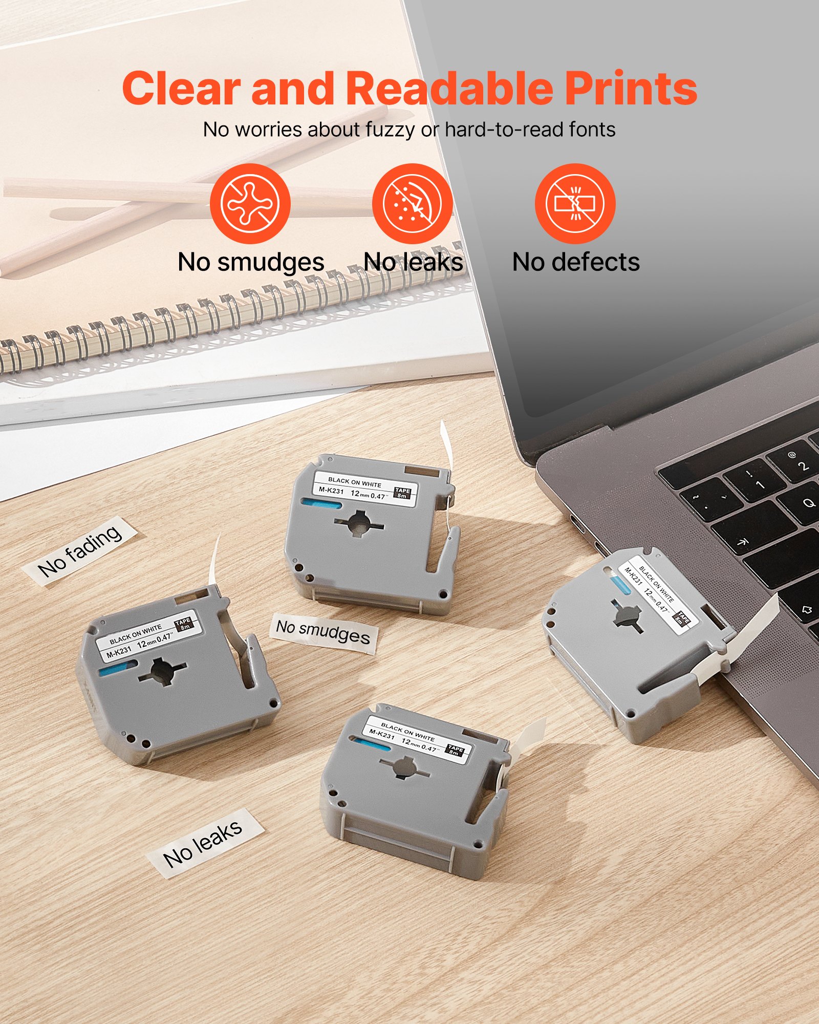VEVOR Nastro per Etichette, 4 Pezzi, Ricariche per Etichettatrice Nero su Bianco 12 mm, per Vari Tipi di Etichettatrici Brother, Resistente e di Lunga Durata, Sostituzione per Letra Tag M-K231
