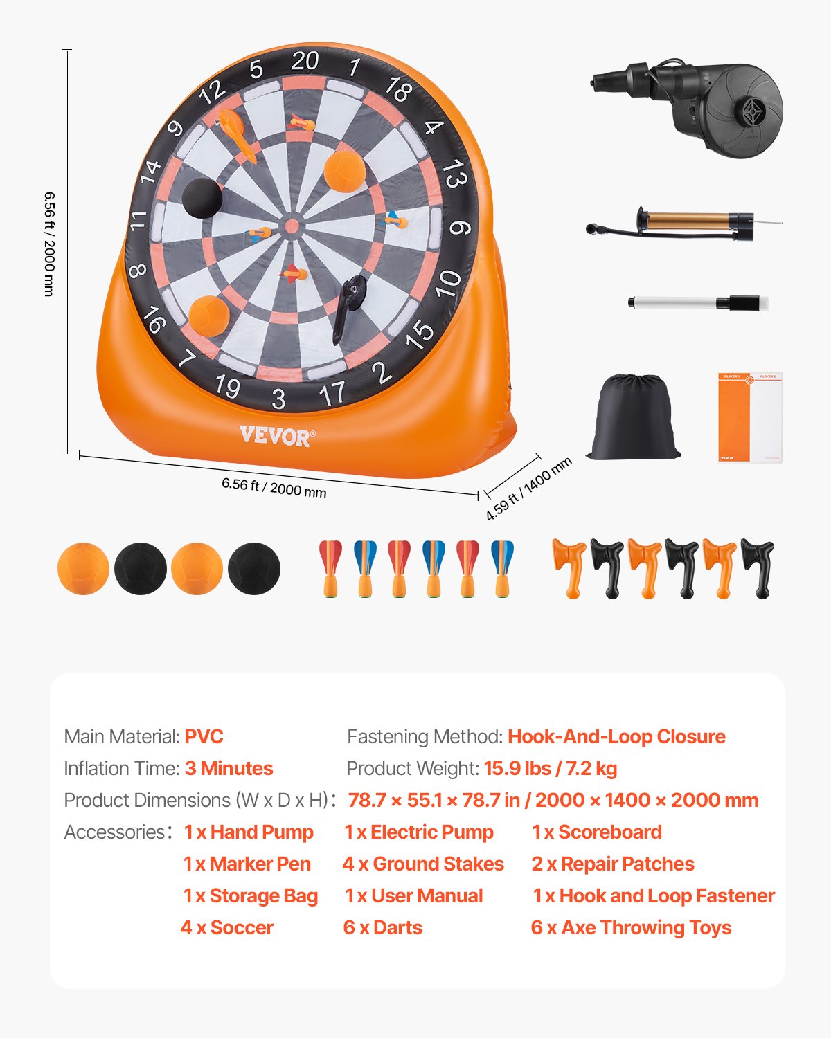 VEVOR Bersaglio Gonfiabile da Calcio con 4 Palline da Calcio 6 Freccette, 6 Asce e Pompa dell'Aria, Montaggio in 3 Minuti e Borsa per Trasporto, per Giochi Giardino 2000 x 1400 x 2000 mm
