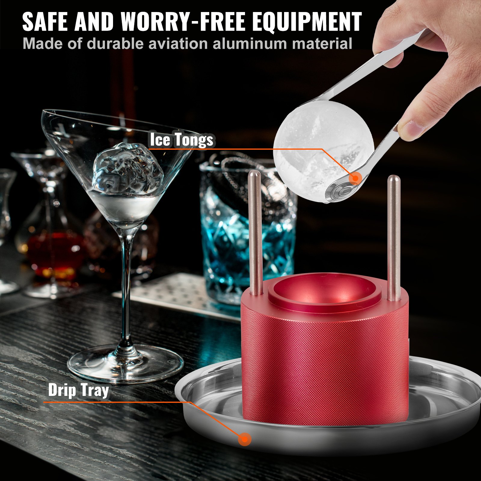 VEVOR Kit Pressa per Ghiaccio a Sfera in Alluminio Diametro 61mm, Stampo per Ghiaccio Sferico per Cocktail Whisky Cognac Bevande, Kit di Pressa per Palline di Ghiaccio da Bar in Alluminio Colore Rosso