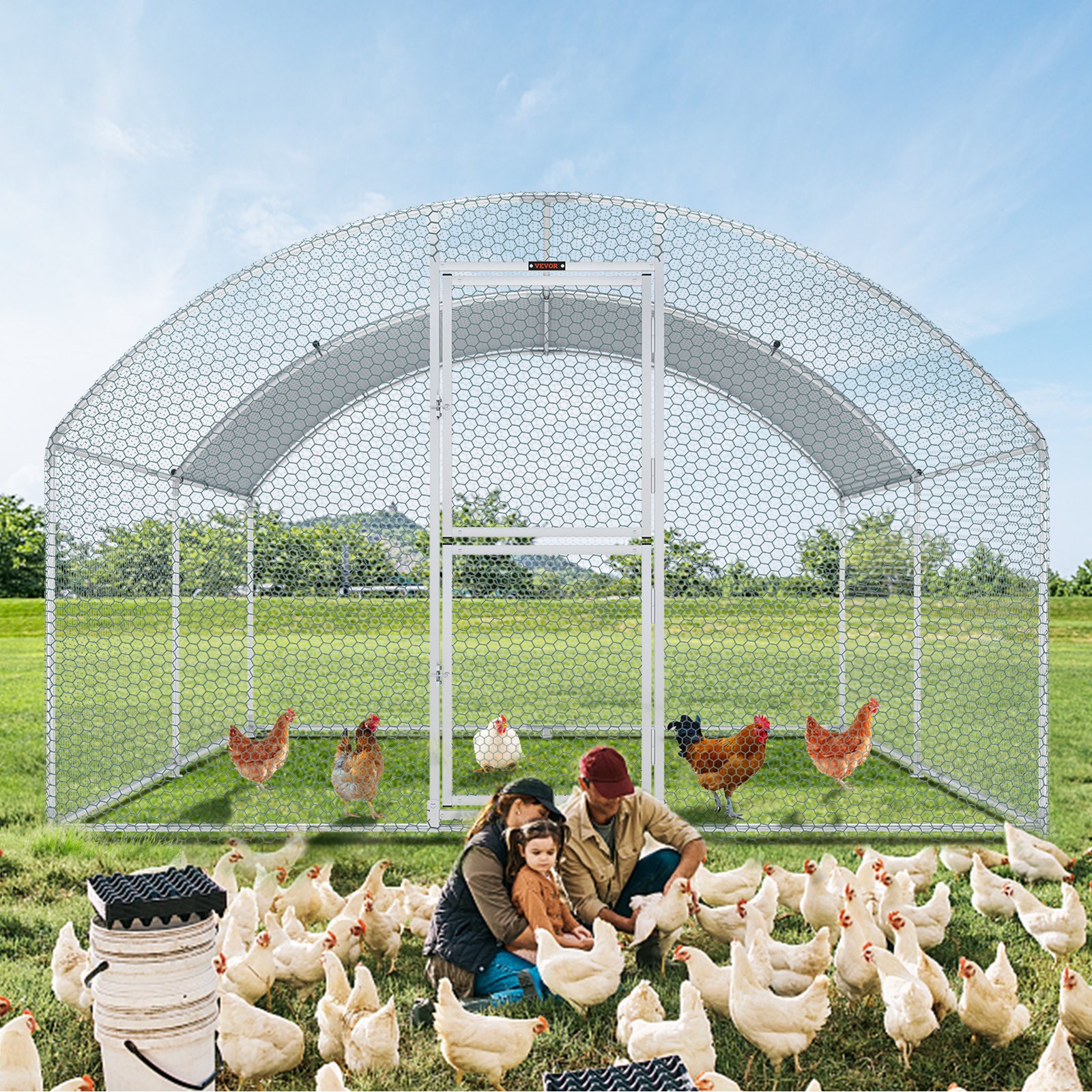 VEVOR Recinto per Galline in Metallo per Esterni 400x300x200 cm, Gabbia per Pollame Telone Impermeabile Tetto Cupola, Recinto per Galline Doppia Porta Rete Metallica per Oche, Anatre, Conigli, Pollame