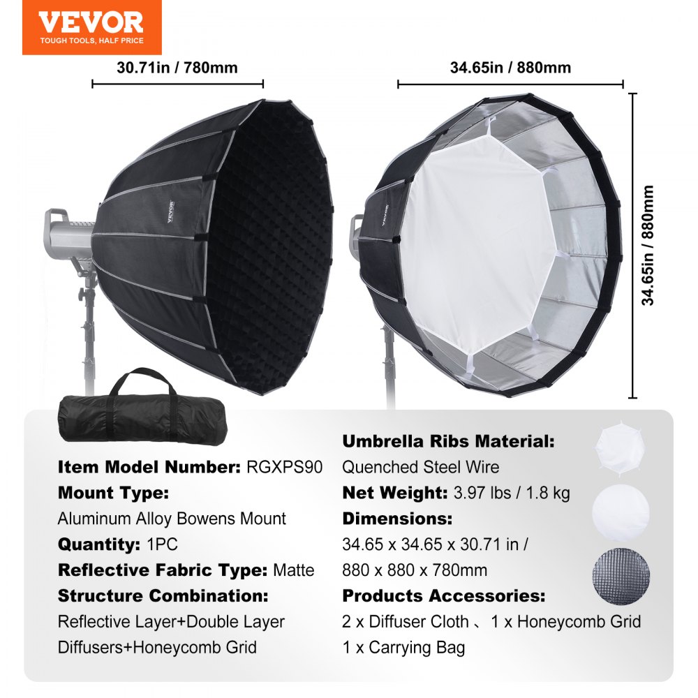 VEVOR Softbox Parabolico 33 pollici / 850 mm Sgancio Rapido Piegatura Rapida Leggero Portatile Attacco Bowens Universale, 4 Effetti di Illuminazione, Adatto per Fotografia Studio Fotografico