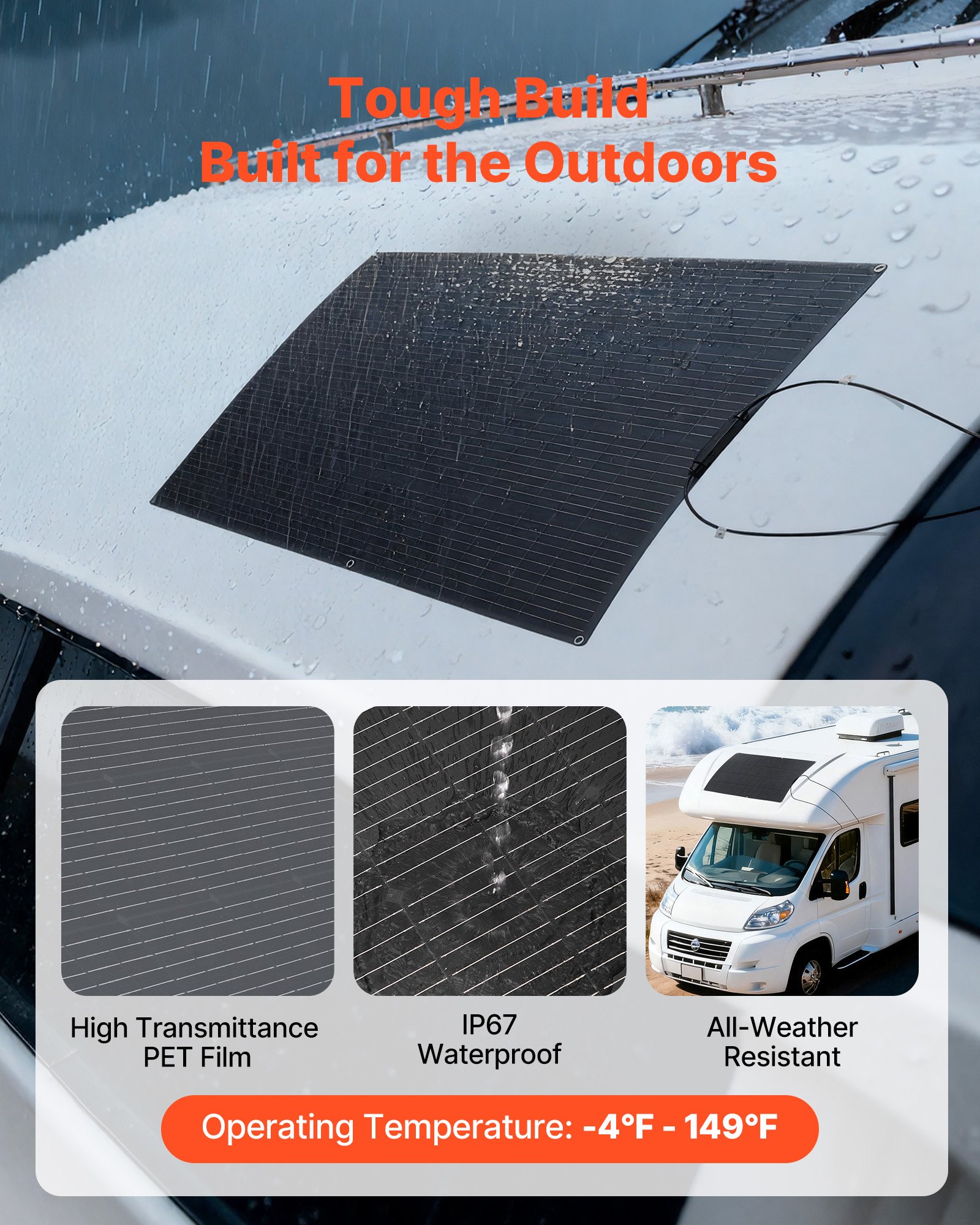 VEVOR Pannello Solare Monocristallino Semi-Flessibile da 200 W, Caricabatterie Mono Off-Grid con Alta Efficienza con Uscita MC4, Impermeabile IP67 per Superfici Curve di Cabine di Camper e Auto