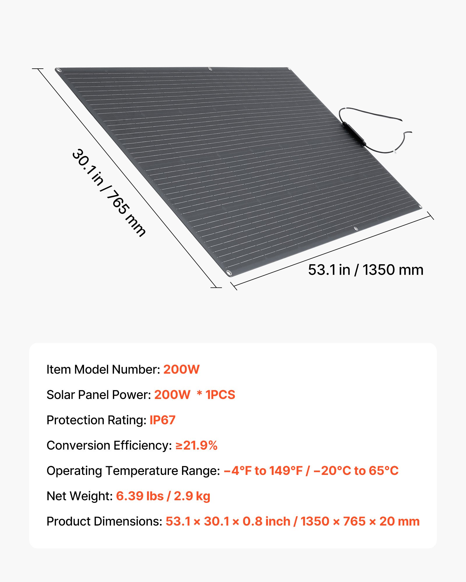 VEVOR Pannello Solare Monocristallino Semi-Flessibile da 200 W, Caricabatterie Mono Off-Grid con Alta Efficienza con Uscita MC4, Impermeabile IP67 per Superfici Curve di Cabine di Camper e Auto