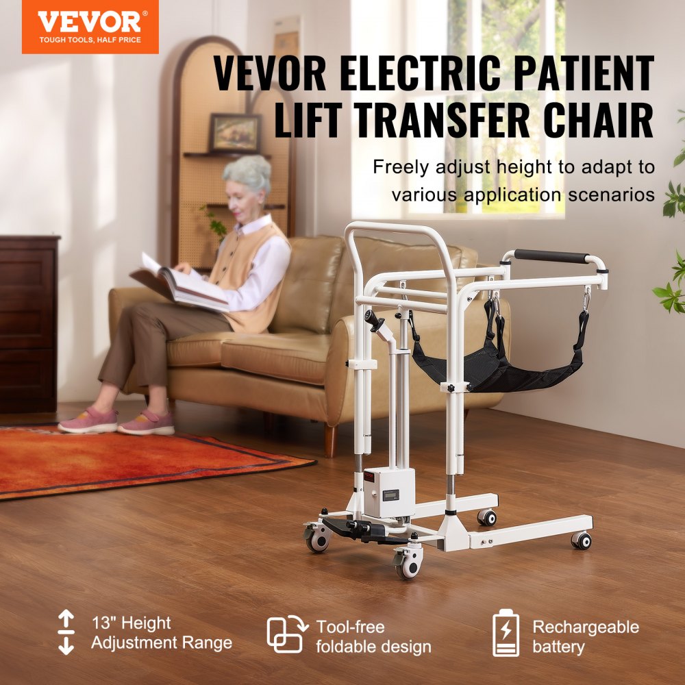 VEVOR Sedia da Trasferimento Elettrica per Pazienti, Sedia a Rotelle Pieghevole Altezza Regolabile, Sedia da Toilette Comoda da Comodino con Ruote 2 Cuscini per Anziani Disabili, Capacità 99,7 kg