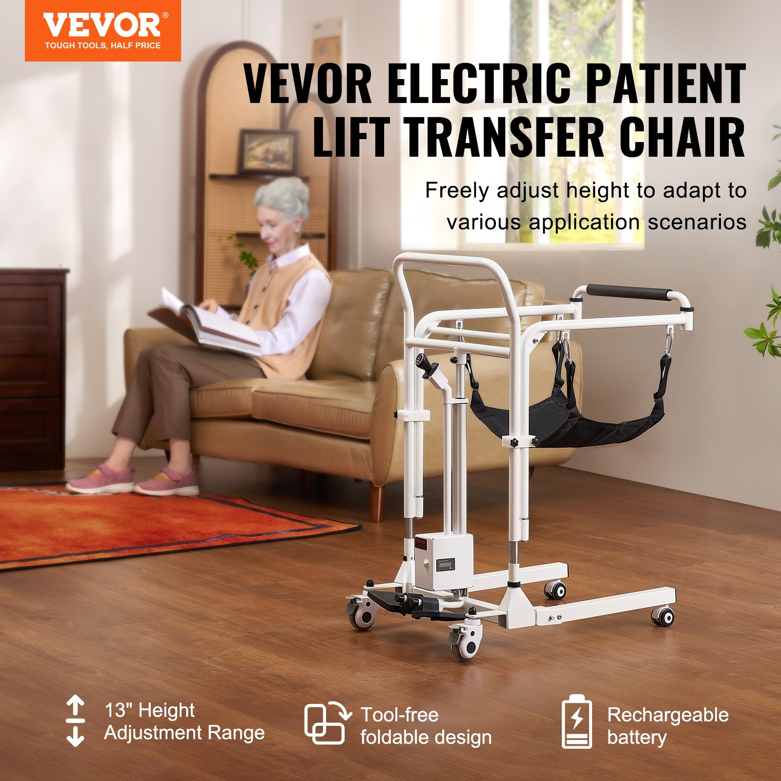 VEVOR Sedia da Trasferimento Elettrica per Pazienti, Sedia a Rotelle Pieghevole Altezza Regolabile, Sedia da Toilette Comoda da Comodino con Ruote 2 Cuscini per Anziani Disabili, Capacità 99,7 kg
